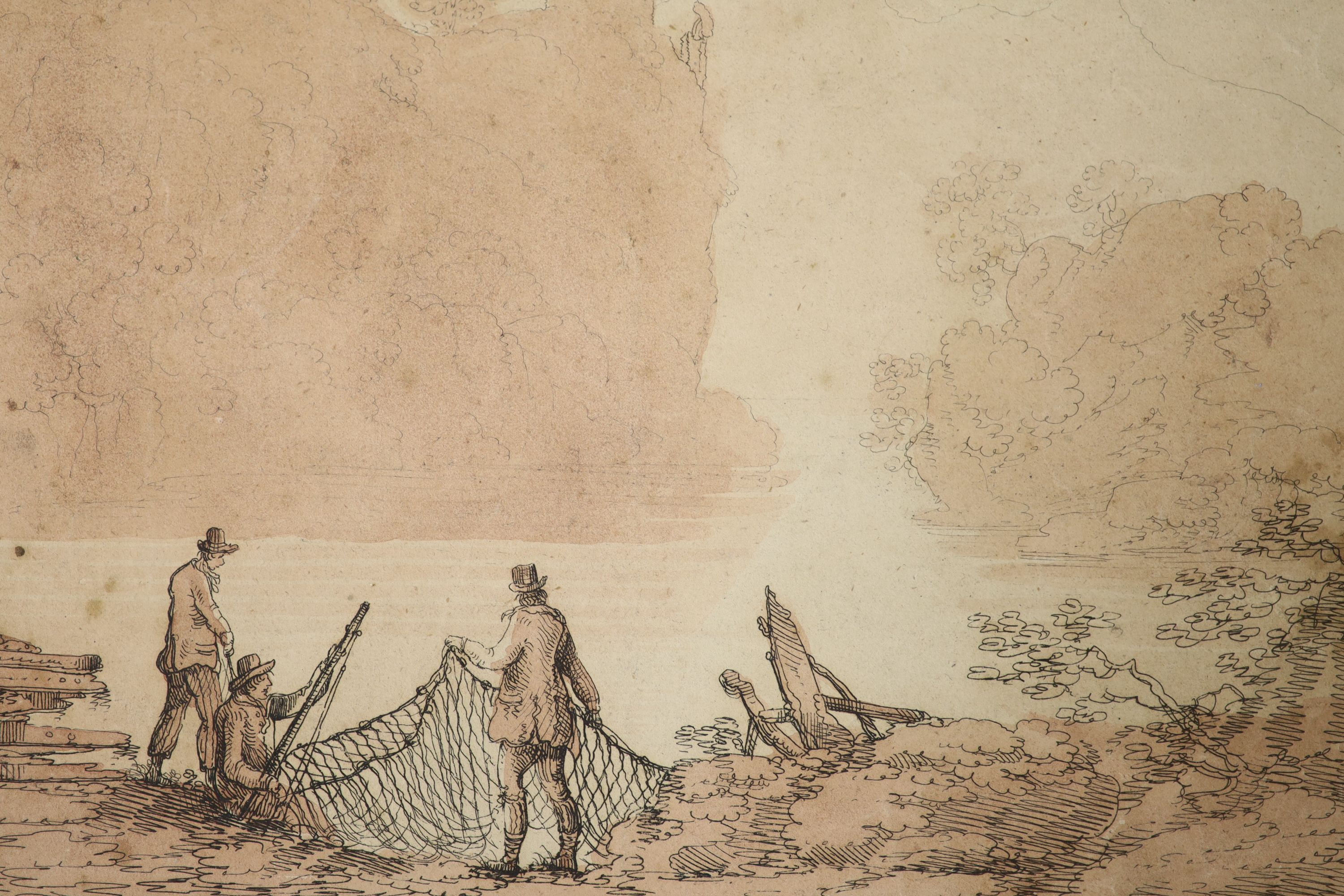 Julius Caesar Ibbetson (1759-1817), ink and wash, Fisherman moving nets, 16 x 20cm, unframed